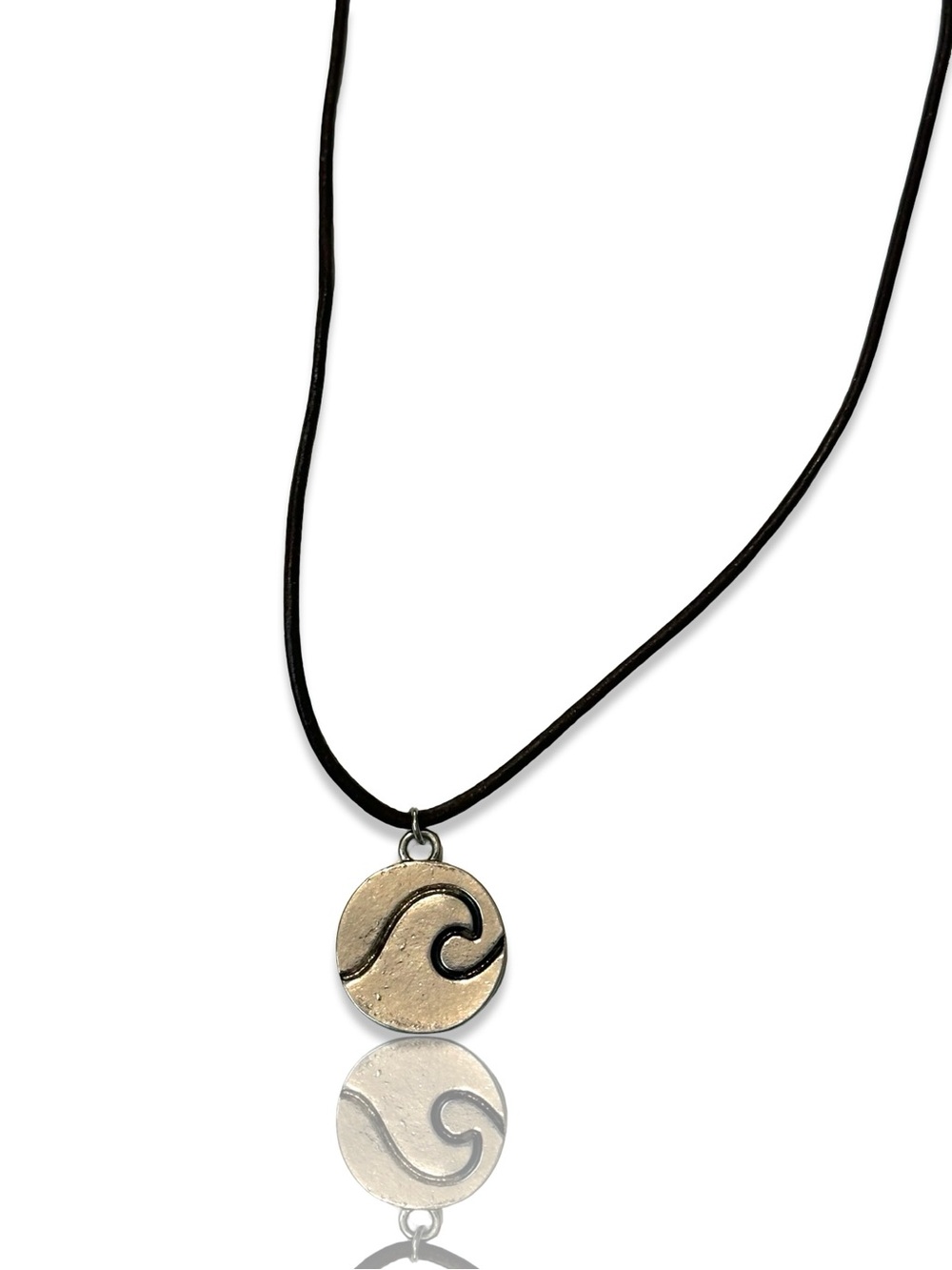 (2 for $20) Silver Wave Pendant Necklace with Black Cord - Women Jewelry